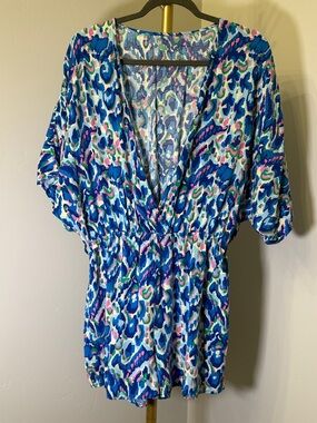 Cupshe Romper Large Blue Abstract Print Deep V Boho Vacation Cover Up